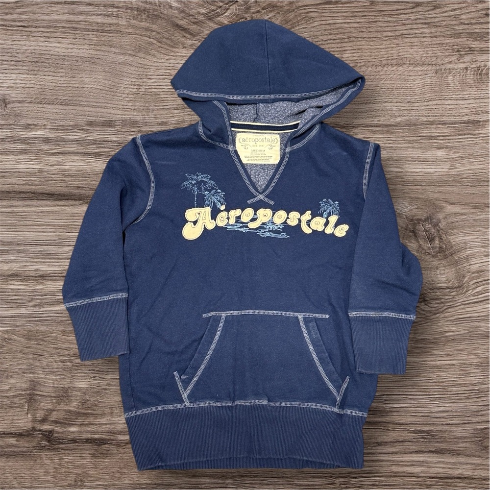 Aeropostale Womens Hoodie Graphic Logo Medium Navy Blue V-Neck Pullover